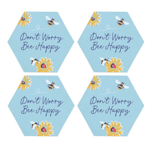 Bee Themed 4 Piece Coaster Gift Set - Don't Worry Bee Happy