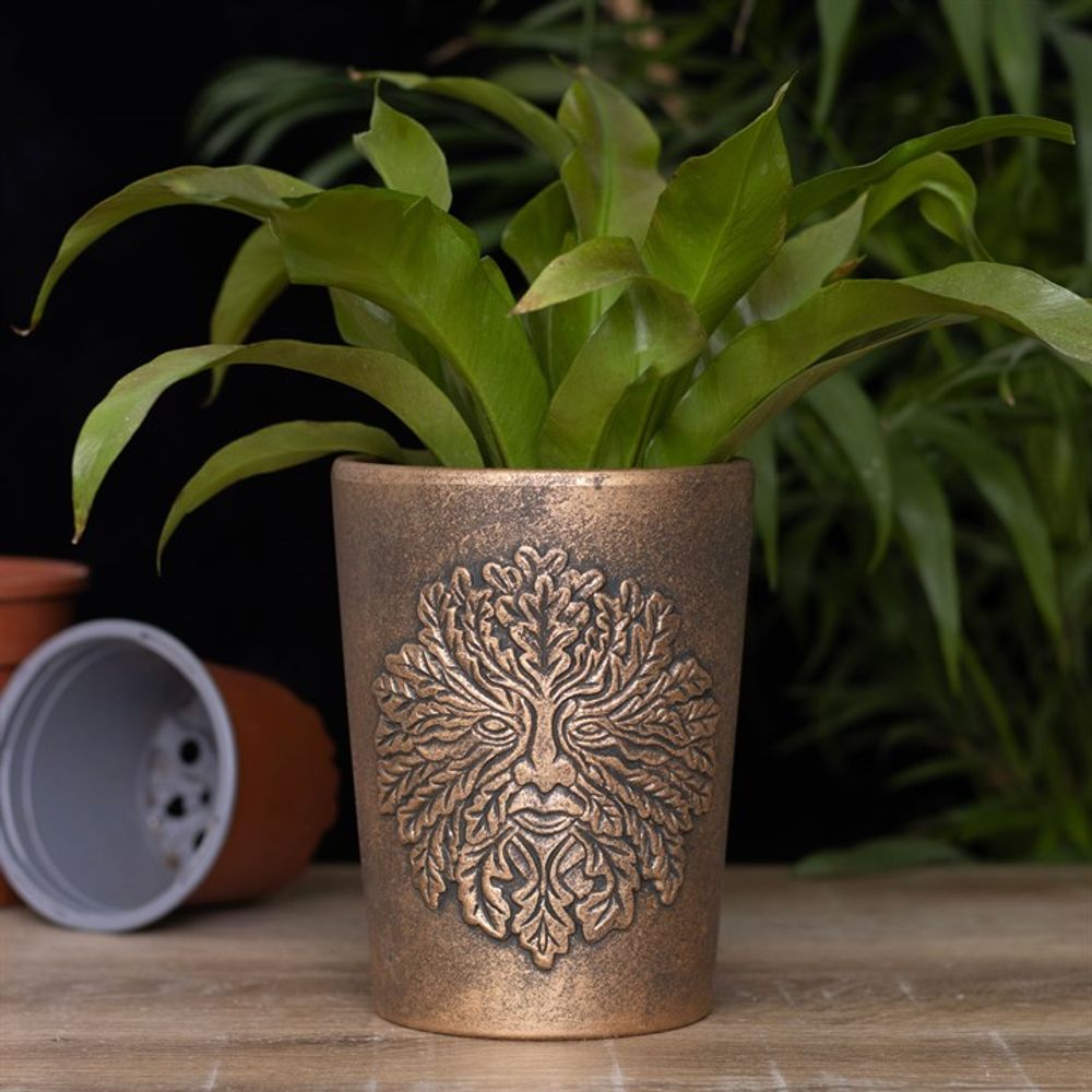 Antique Bronze Finished Terracotta Plant Pot - Green Man by Lisa Parker