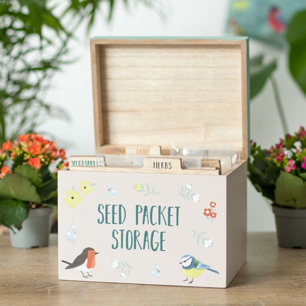 Wooden Seed Packet Storage Box With British Garden Birds Illustrations