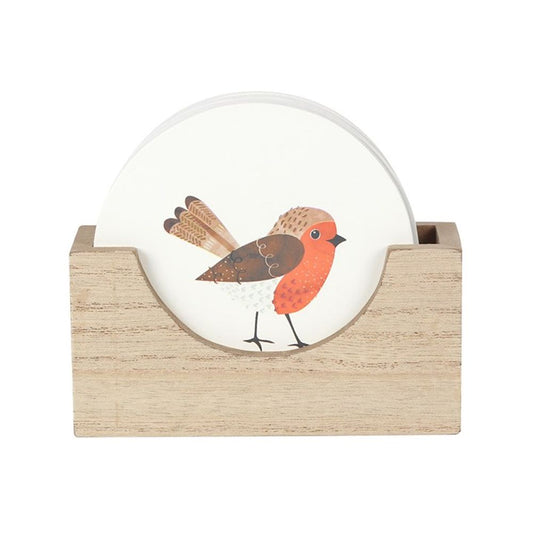 Illustrated Robin Set of Coaster Set With Holder