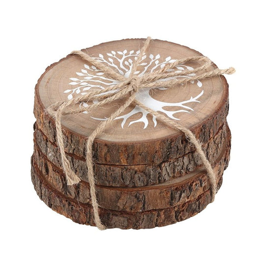 4 Piece Wooden Coaster Set - Wood Log Slices With Tree of Life Motif