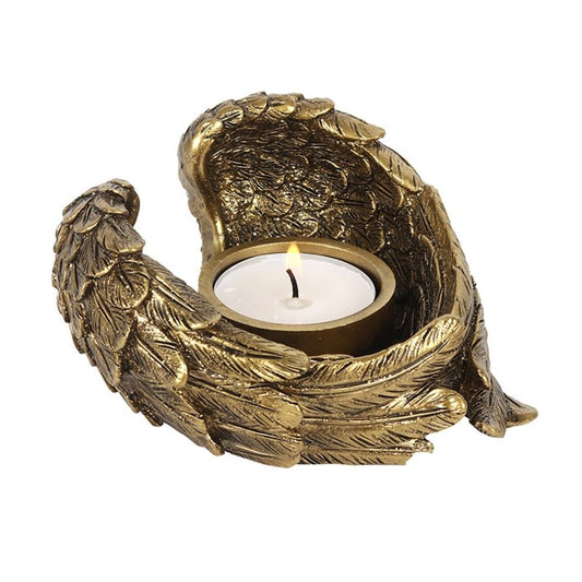 Angel Wing Tealight Candle Holder - Vintage Feel Antique Gold Finish