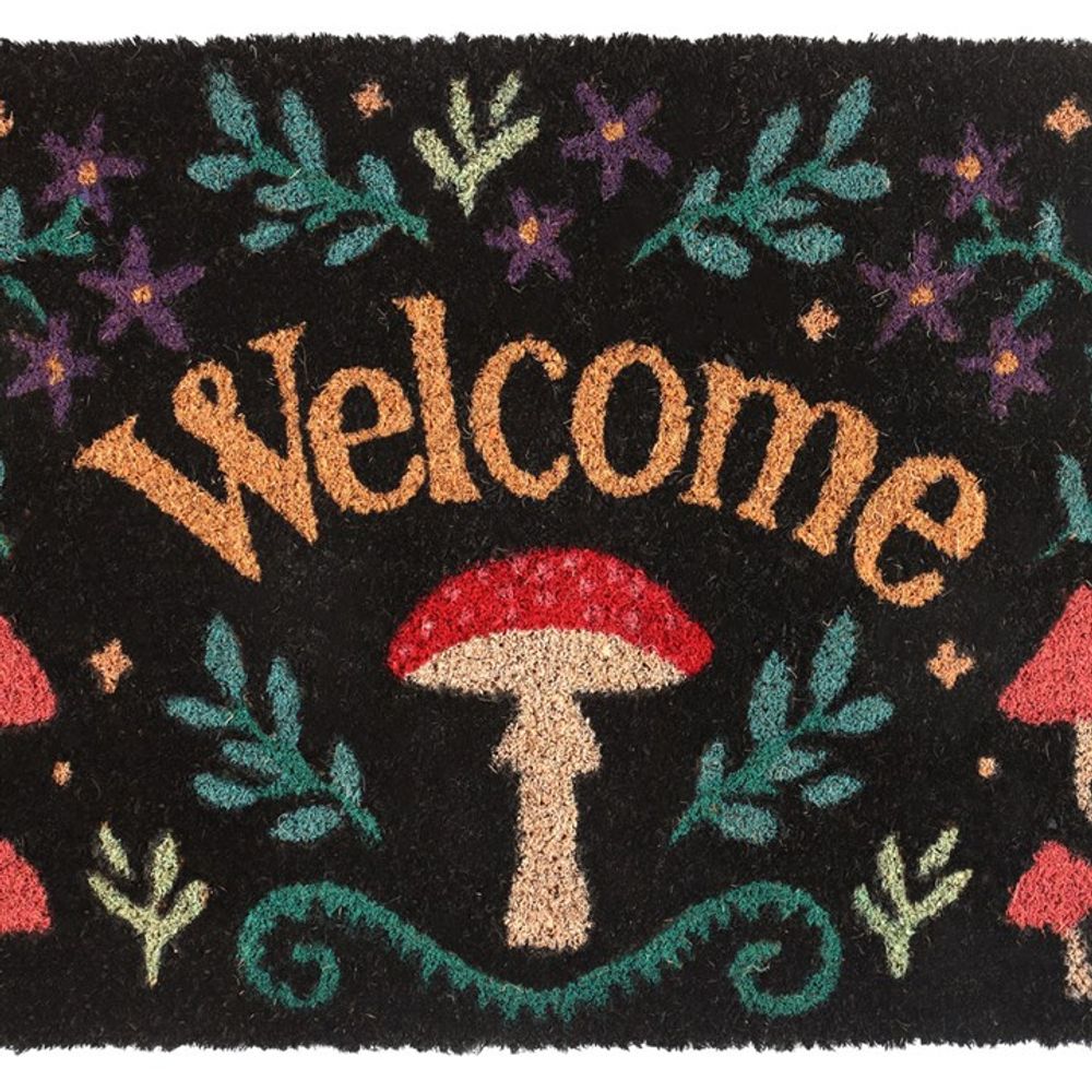 Welcome Doormat - Black With Mushroom and Plants Illustration