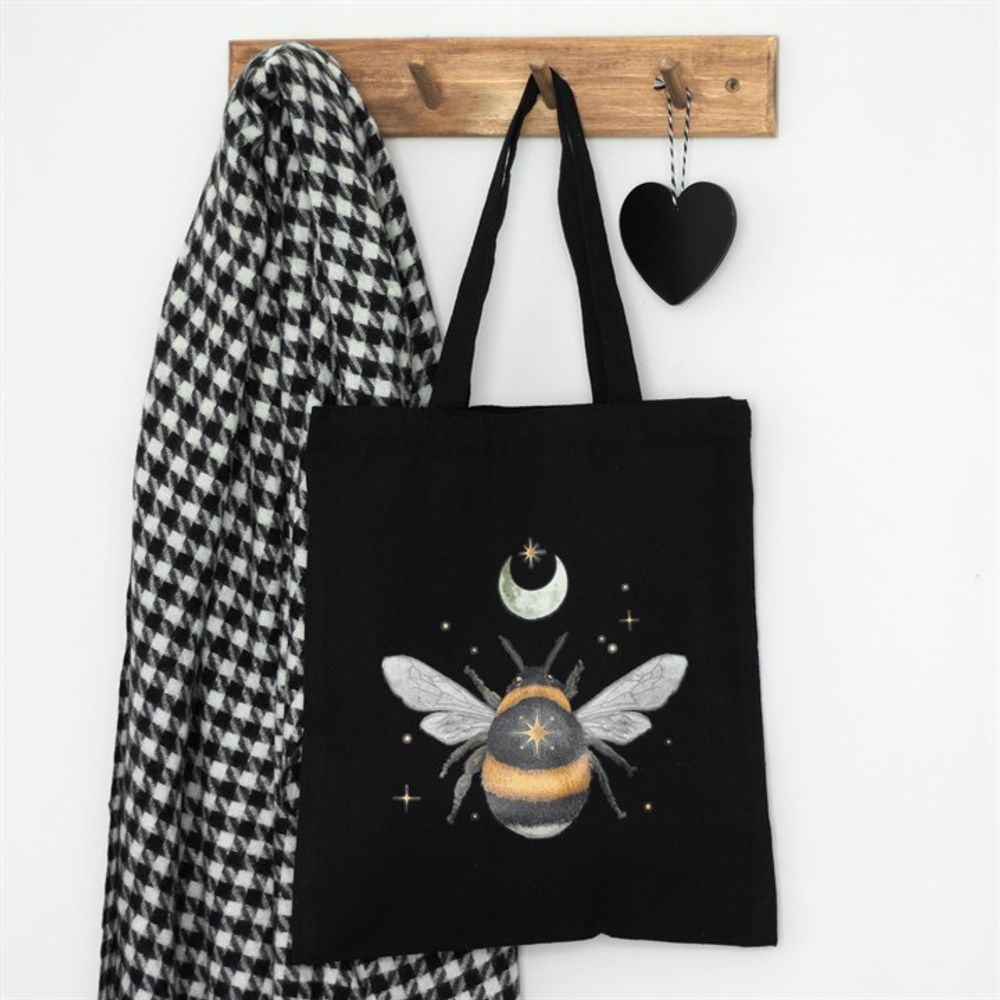 Black Poly-Cotton Tote Bag - Bee and Crescent Moon