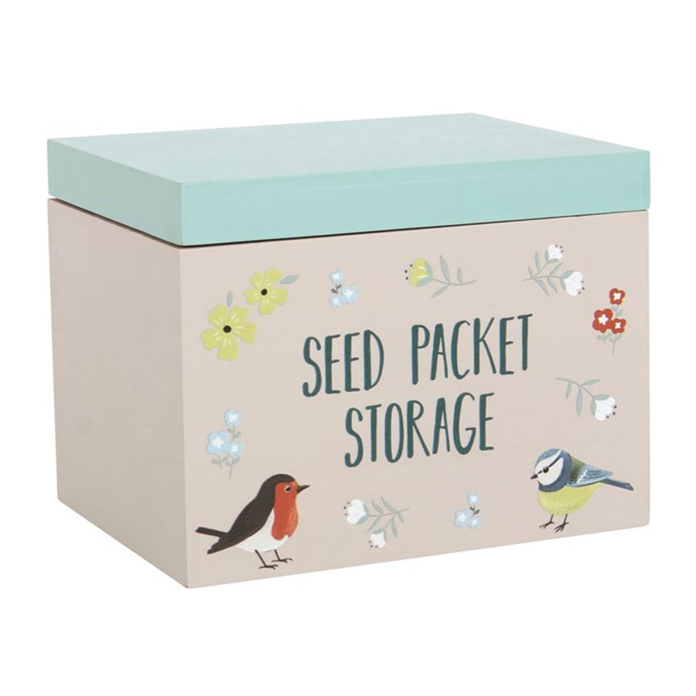 Wooden Seed Packet Storage Box With British Garden Birds Illustrations